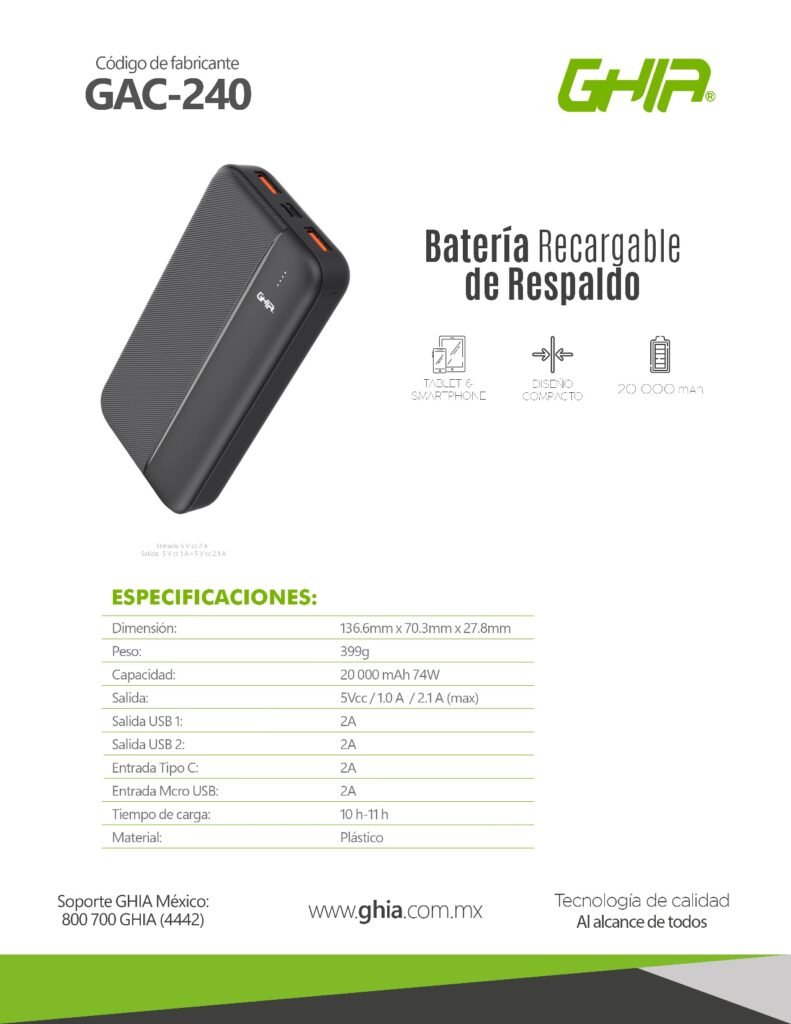 CARGADOR PORTÁTIL GHIA POWER BANK GAC-240- 20.000MAH- NEGRO - Bitplus